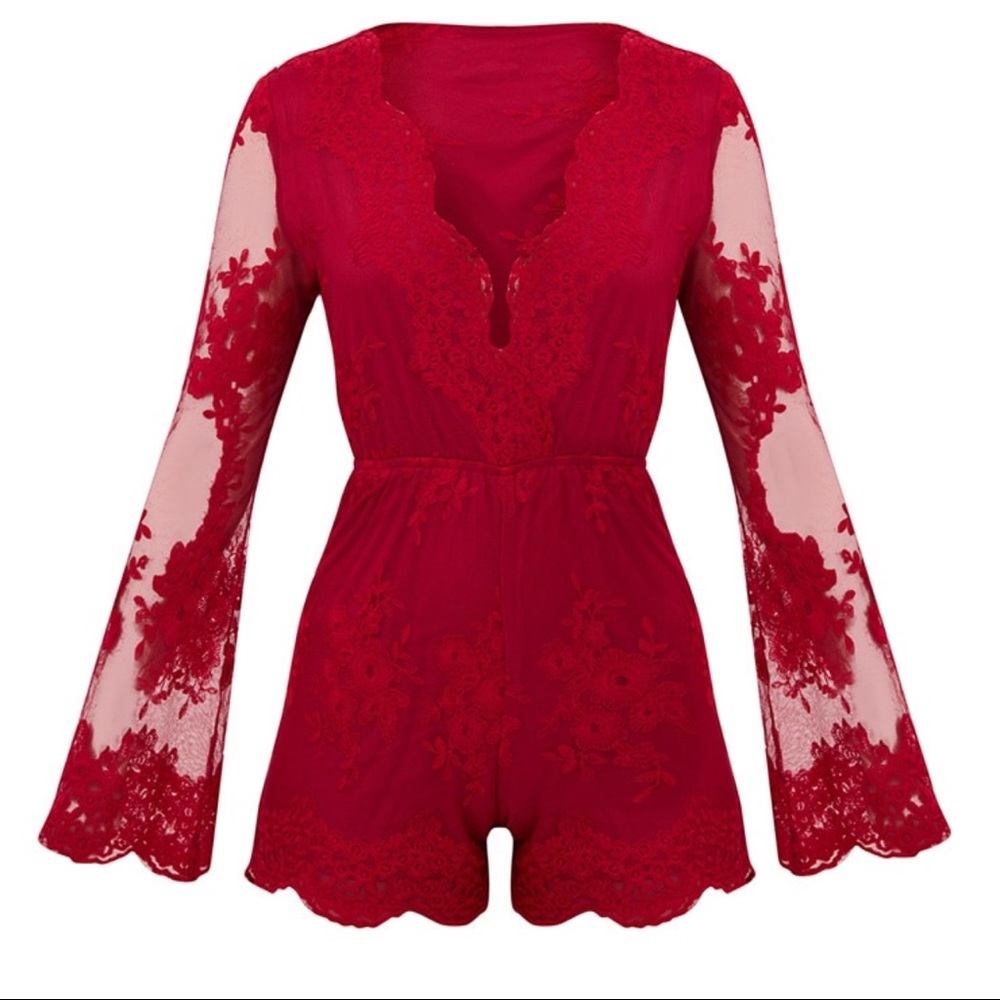 Red Lace Bell Sleeve Romper in New condition